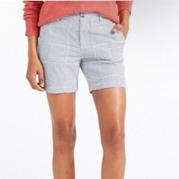 L.L. Bean Sz 16 Favorite Fit Patchwork Seersucker Bermuda Shorts 9” White Blue - Picture 1 of 16